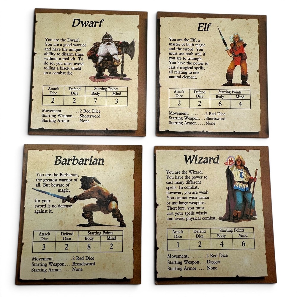 Vintage Hero Quest 1989 1990 Game Parts Replacement 4 Character Cards ONLY